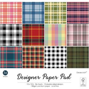 Plaid Tartan Flannel 12x12 in Double Sided Paper Pad Pack Scrapbook Cardstock Decorative Paper - 36 Sheets - for Boys Card Making Origami Decorative Scrapbooking Supplies