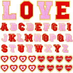 62 Pcs Valentine‘s Day Patches Chenille Red Heart Shape Iron on Patches Self Adhesive Letters Sew Embroidered Applique for Clothing, Jackets, Handmade Applique Emblem Accessory