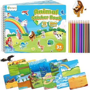 D-FantiX Animal Sticker Book for Kids, Dinosaur Unicorn Mermaid Farm 12 Scenes and 500+ Stickers, Toddler Airplane Travel Road Trip Essentials Activity Book, Arts & Crafts Gift for Ages 3-8