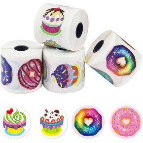 1200 PCS Cupcake Donut Party Decoration Stickers, 32 Designs Adorable Stickers, 1.5" Reward Stickers Motivational Stickers, 4 Rolls Incentive Sticker for School, Classroom, Party