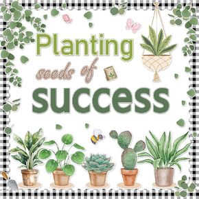 Justforjoyful Spring Greenery Potted Plant Bulletin Board Classroom Decorations Eucalyptus Cutouts Plant Seeds of Success Bulletin Board for School Home Nursery Chalkboard Farmhouse Door Wall Decor
