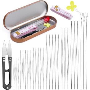 GarfxG 60 PCS Beading Needles Set with Collapsible Big Eye Beading Needles, Twisted Wire Seed Beading Needles, Straight Beading Needles and Threaders, Thimble, Scissors, Measure Tools in Storage Box