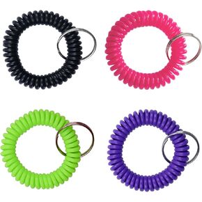 4-Pack 2" Spiral Wrist Coil with Steel Key Ring - Multi-Color Flexible Key Chain Bracelet, Stretches to 12"