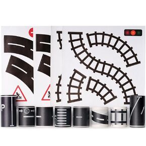 Road Tapes & Curves Stickers Set 8 Rolls Black Highway Tapes Traffic Decorative Masking Tape for Toy Cars, Vehicles Kits, Kids Party Gift