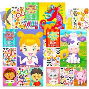 Create a Face Sticker Books 5"x7" Bulk Set for Kids, Toddlers Ages 4-8 - Bundle with 450+ Stickers 75 Sticker Sheets | 3 Sticker Pad Activity Books Featuring Funny Boys, Girls, Farm Animals, Monsters
