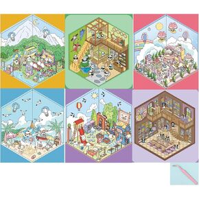 DIY 3D House Stickers, 6 Set Fun DIY Stickers Scene Make Your Own Camping,Tea Club, Beach, Party, Amusement Park, Library Cute 3D Cartoon Scene Stickers for Adult Kids Relief Stress
