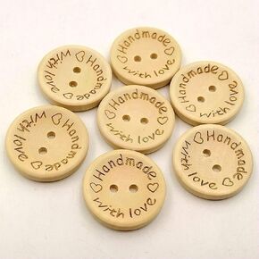 50Pcs Brown Buttons Round 2 Holes Handmade with Love Letter Wooden Button DIY Sewing Decor, Supplies, Fasteners (25mm)