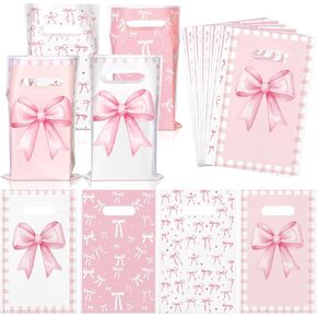 Saypacck 100 Pcs Pink Bow Bags Pink Party Favor Bags Bow Themed Gifts Pink Bow Plastic Gift Bag Coquette Party Favor Pink Themed Party Decoration for Wedding Bridal Baby Shower Birthday Party Supplies