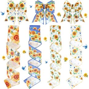 24 Yards 4 Roll Vintage Floral Ribbon,Wired Ribbon,Sunflower Ribbon,Watercolour Style Wired Ribbon,Floral Ribbon for Bow,Wreath Craft,Gift Wrap,DIY Home Decor,2.5 Inch (Sunflower)