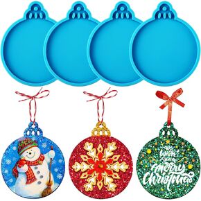 Juome Christmas Resin Molds Silicone, 4 Pcs Christmas Ornaments Round Shape Pendant Epoxy Resin Molds, DIY Crafts Jewelry Keychain Making Christmas Decorations