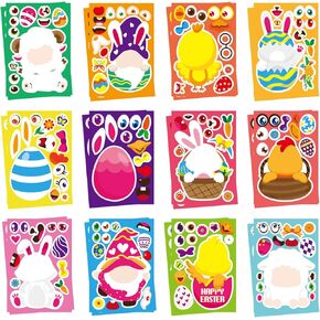 Easter Stickers for Kids - 24 Pcs Easter Mix and Match Make a Face Animal Stickers with Easter Egg Themed Bunny Eggs Gnome Chicken Sheep Duck Party Favor Supplies, Art and Craft