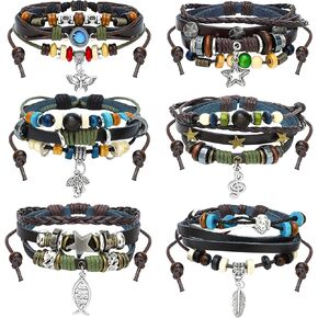 NEWITIN 6 Pieces Turquoise Bohemian Bracelet for Women Leather Cuff Bracelet Western Multilayer Bracelets Turquoise Wristbands for Women Men