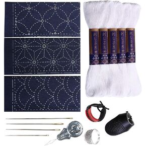 Sashiko kit, Yokota Sashiko Thread, Needles and Template Yume Fukin with Original English Manual, Thimble Sewing Set, Fabric, Japanese Textile (White Thread / Navy Dishcloth)