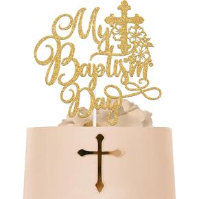 My Baptism Day Cake Topper, First Holy Communion,God Bless This Child, Bridal Shower/Wedding/Baptism/Christening Baby Shower Party Decorations, Gold Glitter