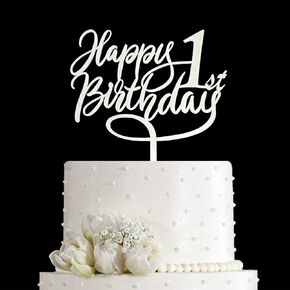 JIEEIN Happy 1st Birthday Cake Topper - 1st / First Birthday, Company 1st Anniversary Party Decoration - Mirror Silver Acrylic