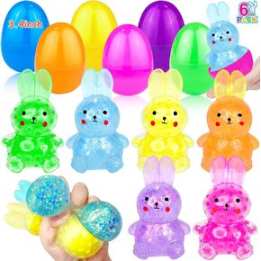 6 Pack Large Easter Eggs Filled with Bunny Squeeze Toys,Easter Basket Stuffers, Easter Eggs with Toys Inside,Stretchy Stress Relief Fidget Toys for Easter Egg Hunt, Easter Party Favor Classroom Prizes