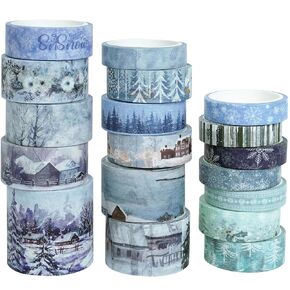 YUBX Winter Washi Tape Set 18 Rolls Landscaping Snow Embellishment Blue White Decorative Masking Tapes for Arts, DIY Crafts, Journals, Planners, Scrapbook, Wrapping