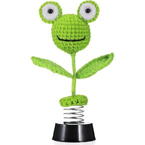 Grevosea Sunflower Car Accessories Dashboard Decorations, Handmade Crochet Shaking Sun Flowers Bobblehead for Car Interior, Cute Desk Ornaments, for Women and Girls (H 5.2 in)(Frog)