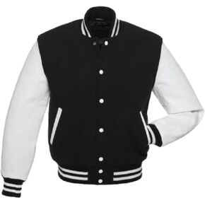 Zulin Men's Letterman Jackets Baseball Varsity Wool Body Genuine Leather Sleeves Bomber USA American Style Jacket (US, Alpha, X-Large, Regular, Regular, Black Body and White Sleeves)