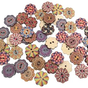 100PCS Mixed Pattern Vintage 1 inch,25mm Wooden Buttons, 2 Holes, DIY Craft Sewing, Random Flower Painting (Style A)