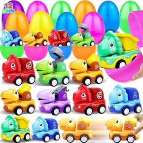 12 Pack 3.8" Jumbo Easter Eggs Prefilled with Dinosaur Pull Back Cars, Easter Eggs with Toys Inside Pull Back Construction Vehicles Kids Toddlers Boys Girls Easter Basket Stuffers Fillers Egg Hunt
