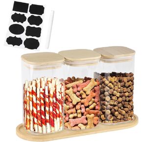 Dog Treat Jar-Dog Treat Container-with 3 Glass Jars and1bambootray,Fashionable Treat Containers with Lids for Pets-Cat Treat Container Glass & Bamboo Combo Set,for Cat Dog Treat Organizer in Kuwait