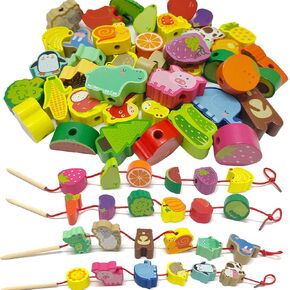 46 PCS Wooden Lacing Beads,Animals Fruits Threading Toys for Toddlers,Preschool Learning Lacing Toys,Montessori Educational Stringing Threading Beads Toys for Kids 3 4 5 6 Year Old Boys Girls