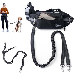 Hands Free Double Dog Leash for Two Dogs Small and Large w/Water Bottle, No Tangle Walking Leash Heavy Duty, No Pull Shock Absorbing Bungee, Reflective Stitches (Small (Fits Waist 24-34), Black)