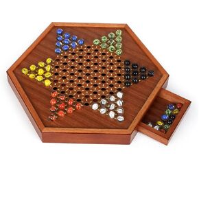 Luxurious Large 15-Inch Chinese Checkers Set - Premium Wooden Board Game for Adults and Kids with 72 Vibrant Glass Marbles, Dual-Sided Storage Drawer - Perfect for Family Strategic Game Fun Collectors