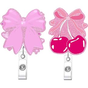 2 Pcs Pink Bow Cherry Badge Reels Retractable, ID Card Badge Holder with Swivel Clip, Name Tag Badge Accessories Gifts for Nurse Nursing Student Teacher Medical Assistant