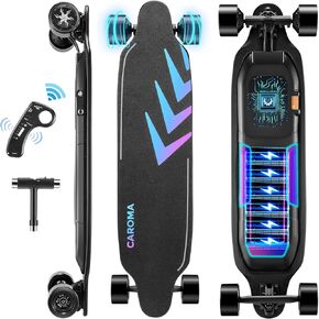 Caroma Electric Skateboards Glow in The Dark, 1200W Powerful Motor, 28MPH Top Speed, 4/6AH Battery, 16/28Miles Max Range, 4 Speed Mode Remote Control, Electric Longboard for Adults&Teens