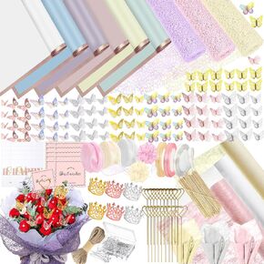 Qiveaory 452Pcs Bouquet Wrapping Paper Kits 60Sheets Waterproof Wrapping Paper 120Sheets Cotton Wrapping Paper 3Rolls Jacquard Net 3D Butterfly Crowns Pins Ribbon DIY Crafts for Birthday Gift (B)