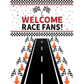 26Pcs Race Car Party Decoration Include 1 Welcome Fans Backdrop 8 Mini Traffic Safety Cones 16 Racing Checkered Flags Long Racetrack Floor Running Mat for Theme Birthday Supplies