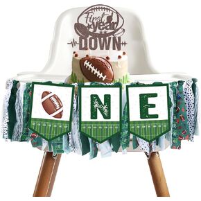 First Year Down Football Birthday Party - Lovarywow Football First High Chair Banner Cake Topper Birthday Decorations 1st Year Down Birthday Decoration Boy One Year Old Birthday Decor Supplies