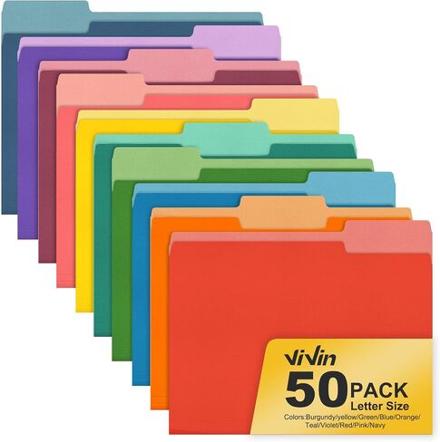 ViVin File Folder, 50 Pack Colored File Folders with 1/3-Cut Tabs, Fits 8.5 * 11 Letter Size Paper, Manilla Folders for Home Office School Documents(Multicolored) in Kuwait
