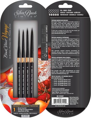 Silver Brush Limited WC-3124ST Black Velvet Voyage Master Travel Set for Watercolor, Gouache, Inks, & Dyes, Set of 4, Sizes 2, 4, 6, and 8 Round Paintbrushes, Short Handle in Saudi Arabia