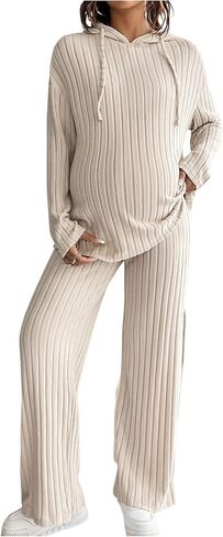 MakeMeChic Women's Maternity 2 Piece Outfits Lounge Set Ribbed Knit Long Sleeve Hoodie and Pants Pregnancy Set in Kuwait