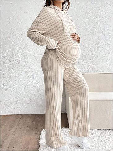 MakeMeChic Women's Maternity 2 Piece Outfits Lounge Set Ribbed Knit Long Sleeve Hoodie and Pants Pregnancy Set in Kuwait