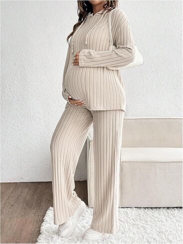 MakeMeChic Women's Maternity 2 Piece Outfits Lounge Set Ribbed Knit Long Sleeve Hoodie and Pants Pregnancy Set in Kuwait