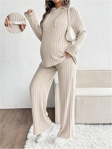 MakeMeChic Women's Maternity 2 Piece Outfits Lounge Set Ribbed Knit Long Sleeve Hoodie and Pants Pregnancy Set in Kuwait
