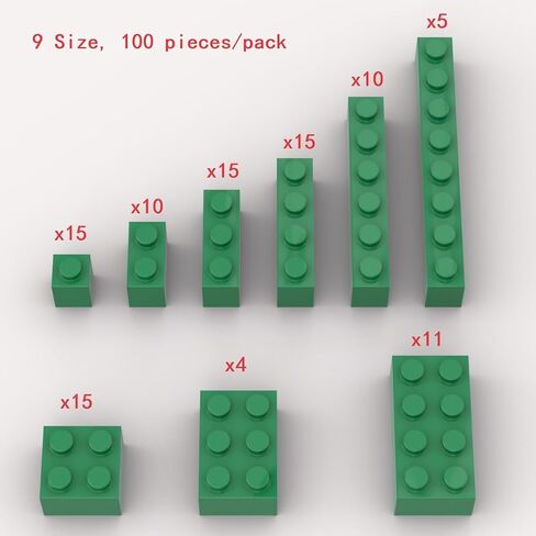 100 Piece Green Bricks Bulk Assortment Pack, 9 Size Green Classic Building Blocks Bricks, Compatible with Lego Parts and Pieces(Color: Green) in Kuwait