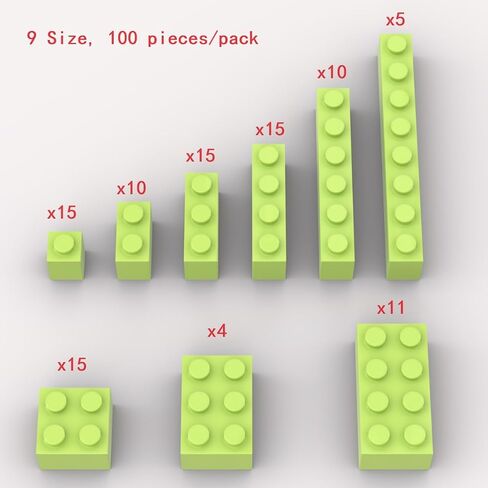 100 Piece Green Bricks Bulk Assortment Pack, 9 Size Green Classic Building Blocks Bricks, Compatible with Lego Parts and Pieces(Color: Green) in Kuwait
