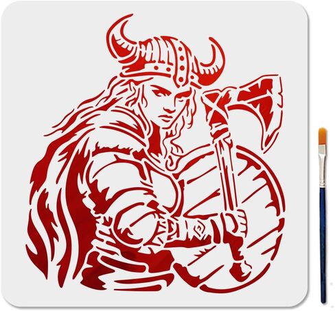 Mayjoydiy Viking Woman Warrior Stencil ، 11.8 × 11.8 بوصة ، قالب درع درع قابل لإعادة الاستخدام مع فرشاة الطلاء لديكور المنزل in Kuwait
