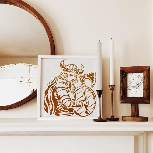 Mayjoydiy Viking Woman Warrior Stencil ، 11.8 × 11.8 بوصة ، قالب درع درع قابل لإعادة الاستخدام مع فرشاة الطلاء لديكور المنزل in Kuwait