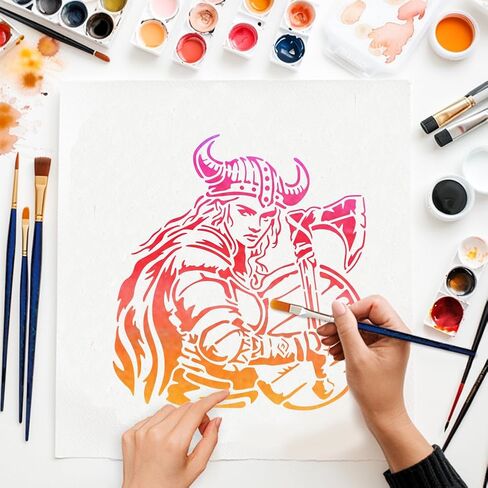 Mayjoydiy Viking Woman Warrior Stencil ، 11.8 × 11.8 بوصة ، قالب درع درع قابل لإعادة الاستخدام مع فرشاة الطلاء لديكور المنزل in Kuwait