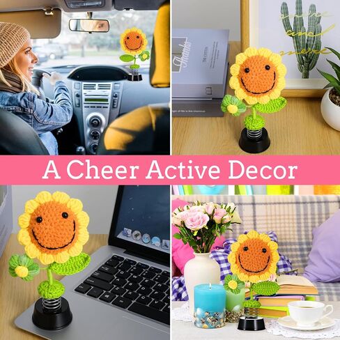 Grevosea Sunflower Car Accessories Dashboard Decorations, Handmade Crochet Shaking Sun Flowers Bobblehead for Car Interior, Cute Desk Ornaments, for Women and Girls (H 5.2 in)(Frog) in Saudi Arabia