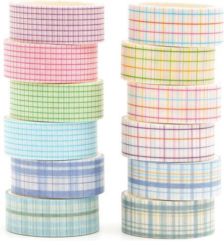 12 Rolls Grid Washi Tape Set Plaid Arts Adhesive Tapes Basic Patterns Decorative Masking Tape Sets for Craft, Kids, Scrapbook, DIY, Gift Wrapping (Style Two) in Kuwait