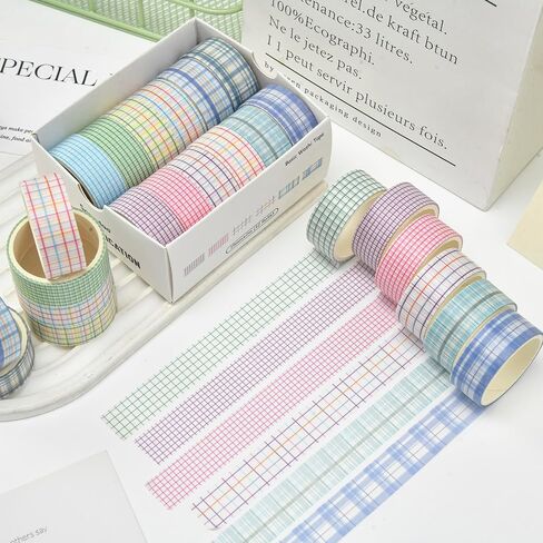 12 Rolls Grid Washi Tape Set Plaid Arts Adhesive Tapes Basic Patterns Decorative Masking Tape Sets for Craft, Kids, Scrapbook, DIY, Gift Wrapping (Style Two) in Kuwait