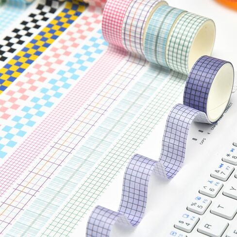 12 Rolls Grid Washi Tape Set Plaid Arts Adhesive Tapes Basic Patterns Decorative Masking Tape Sets for Craft, Kids, Scrapbook, DIY, Gift Wrapping (Style Two) in Kuwait
