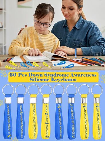 Misdary Down Syndrome Awareness Silicone Keychains Bulk Blue Yellow Ribbon Awareness Key Rings for Women Men Teen Fundraisers in Saudi Arabia